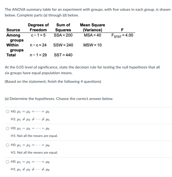 Solved The ANOVA summary table for an experiment with | Chegg.com