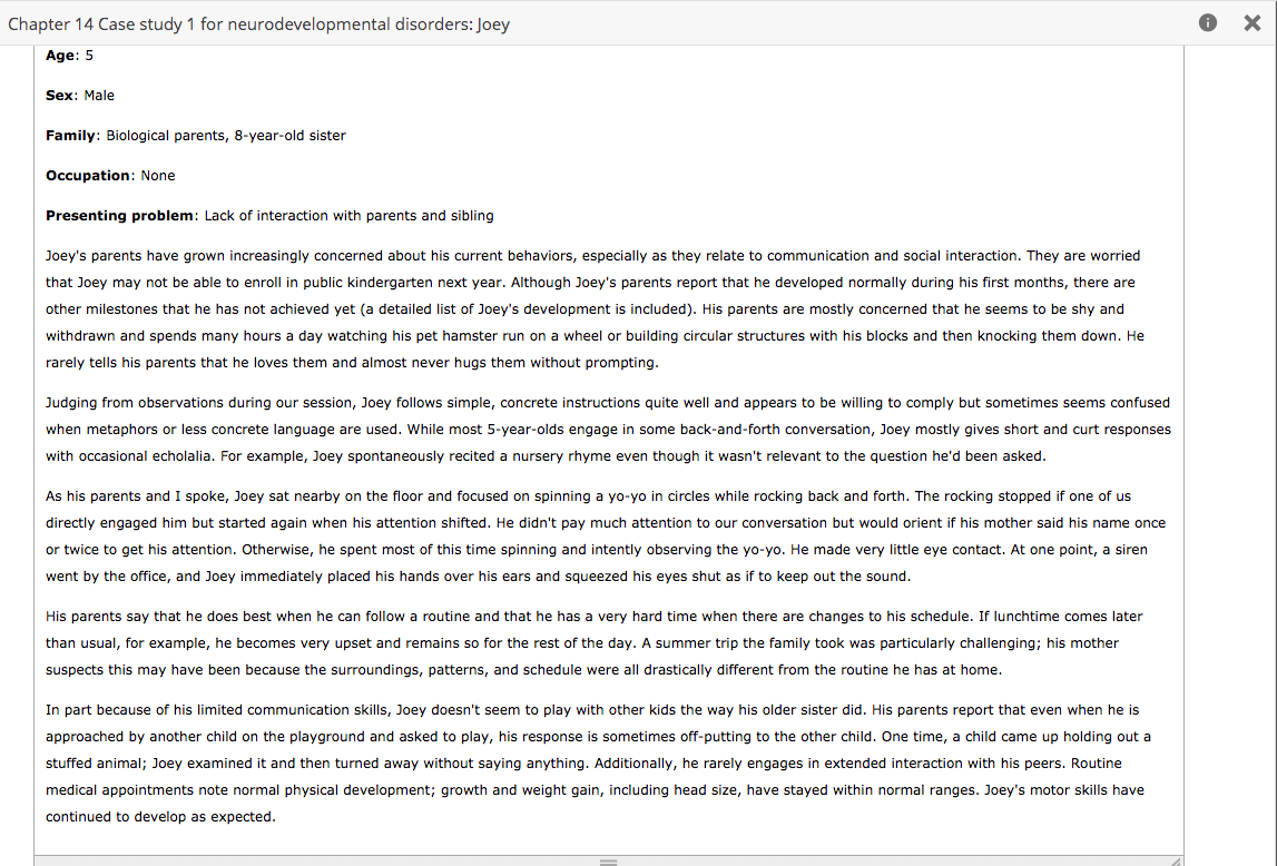 case study 1 for neurodevelopmental disorders joey quizlet