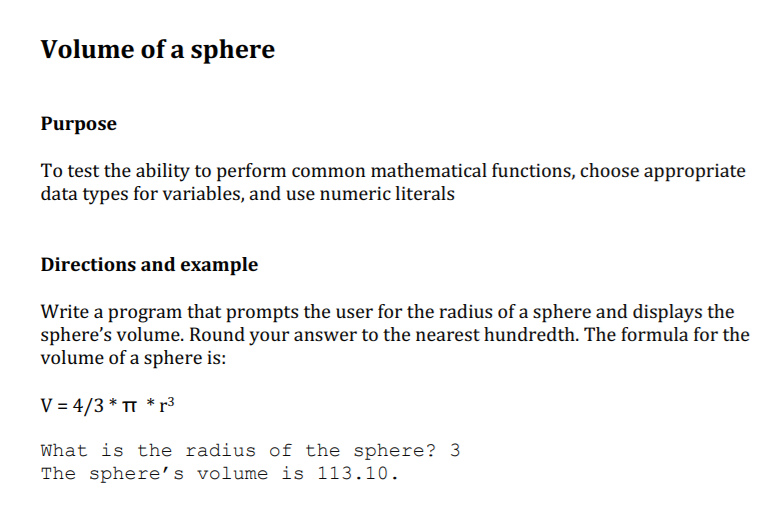 Solved Volume of a sphere Purpose To test the ability to | Chegg.com