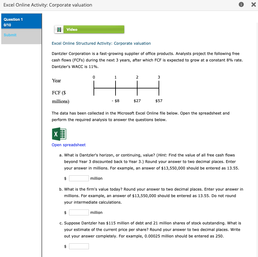 solved x excel online activity corporate valuation quest free cash flow software excel