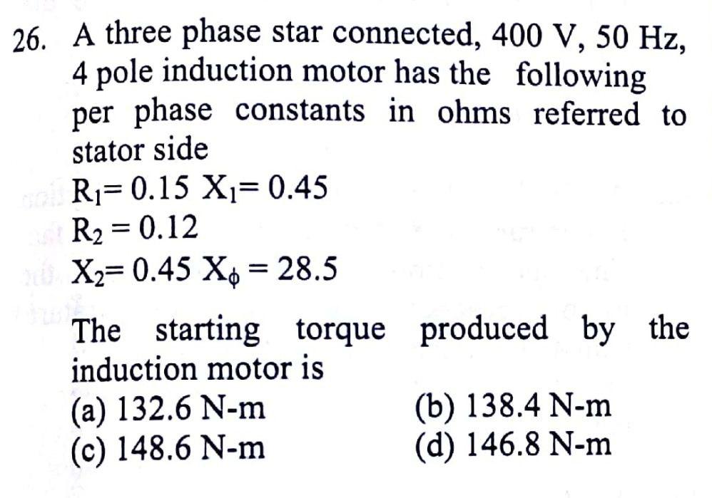 Solved > 26. A three phase star connected, 400 V, 50 Hz, 4 | Chegg.com