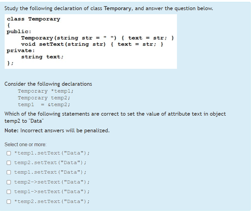 Solved Study the following declaration of class Temporary, | Chegg.com