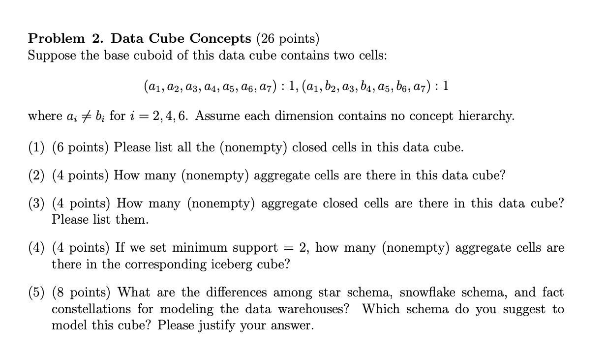 Problem 2. Data Cube Concepts (26 points)
Suppose the base cuboid of this data cube contains two cells:
\[
\left(a_{1}, a_{2}