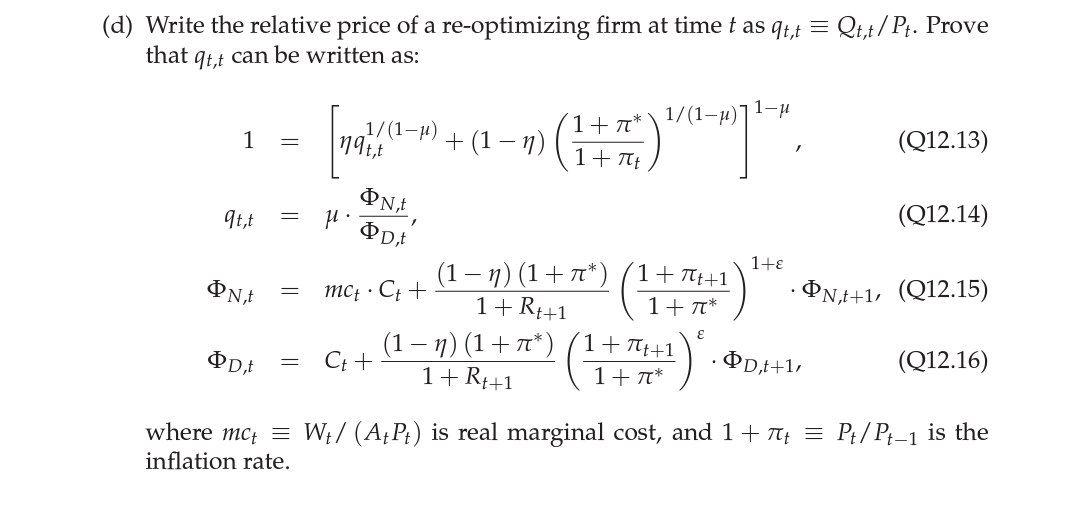 Solved (d) Write the relative price of a re-optimizing firm | Chegg.com