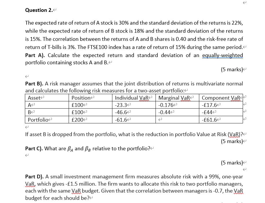 Solved 2 Question 2. The Expected Rate Of Return Of A Stock | Chegg.com