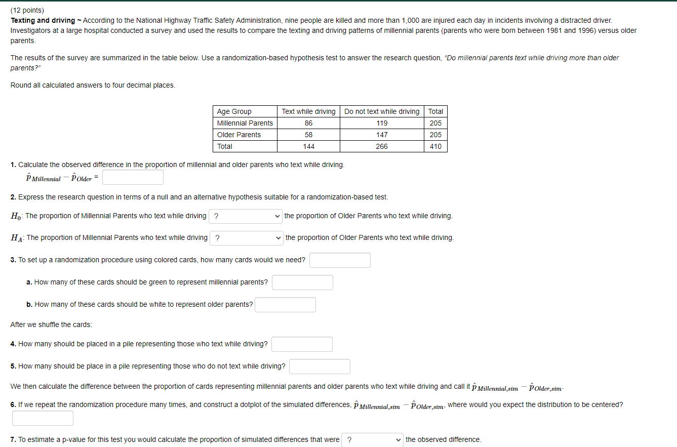 Solved (12 points) Texting and driving ~ According to the | Chegg.com