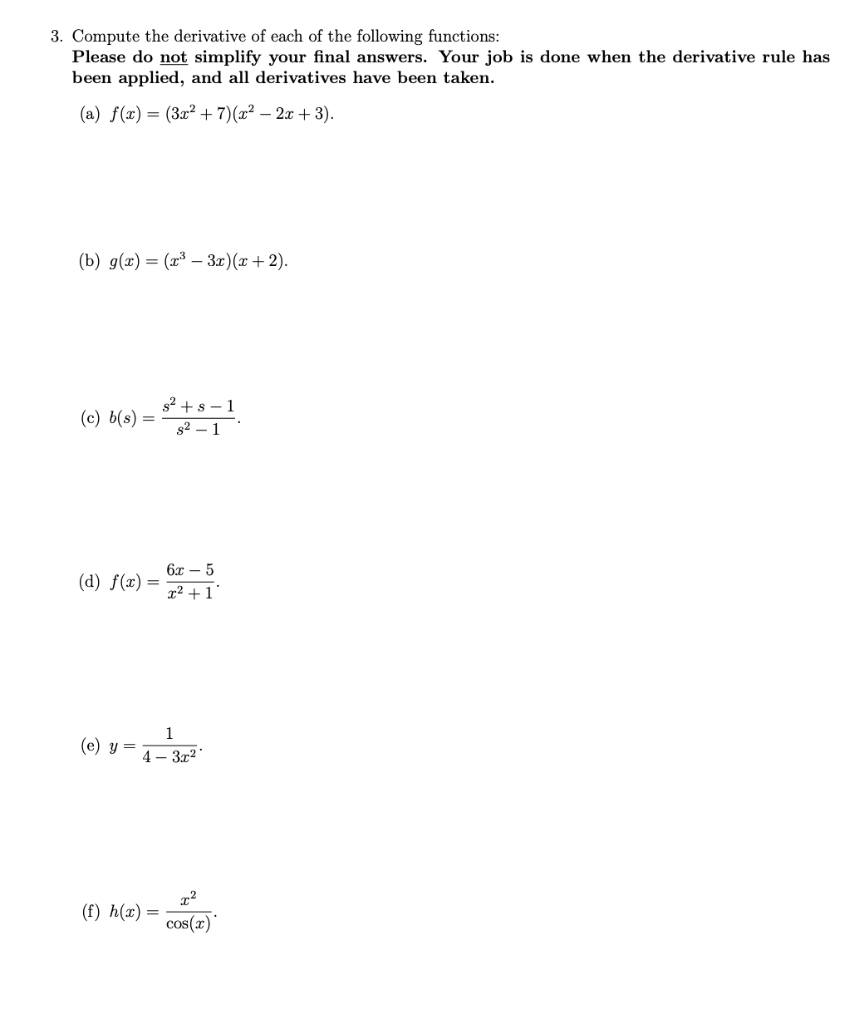 Solved 3. Compute the derivative of each of the following | Chegg.com