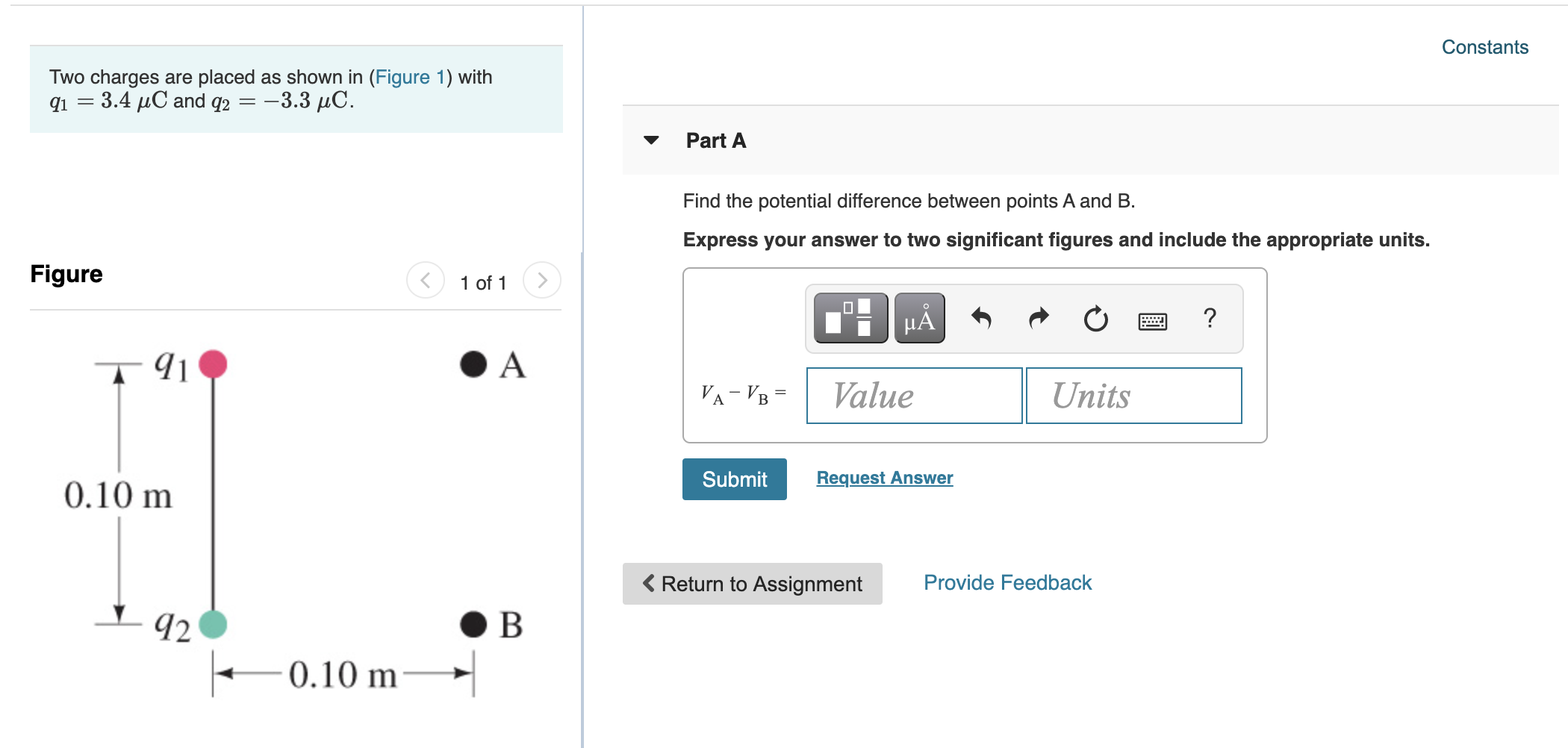Solved Constants Two charges are placed as shown in (Figure | Chegg.com