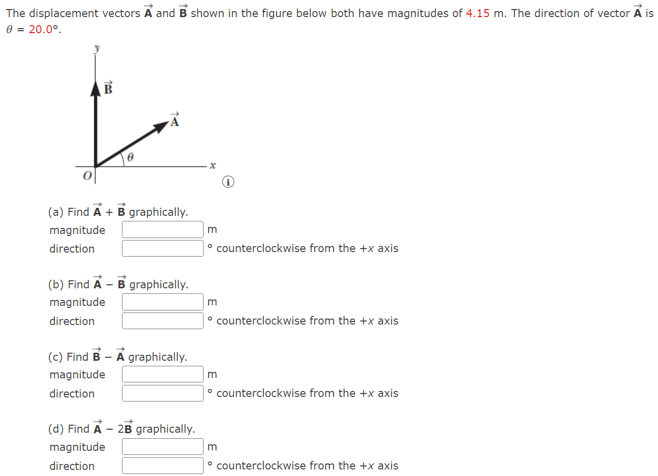 The displacement vectors \( \overrightarrow{\mathbf{A}} \) and \( \overrightarrow{\mathbf{B}} \) shown in the figure below bo