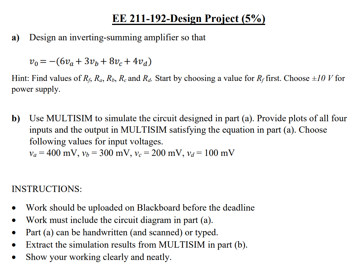 Solved EE 211-192-Design Project (5%) Design an | Chegg.com