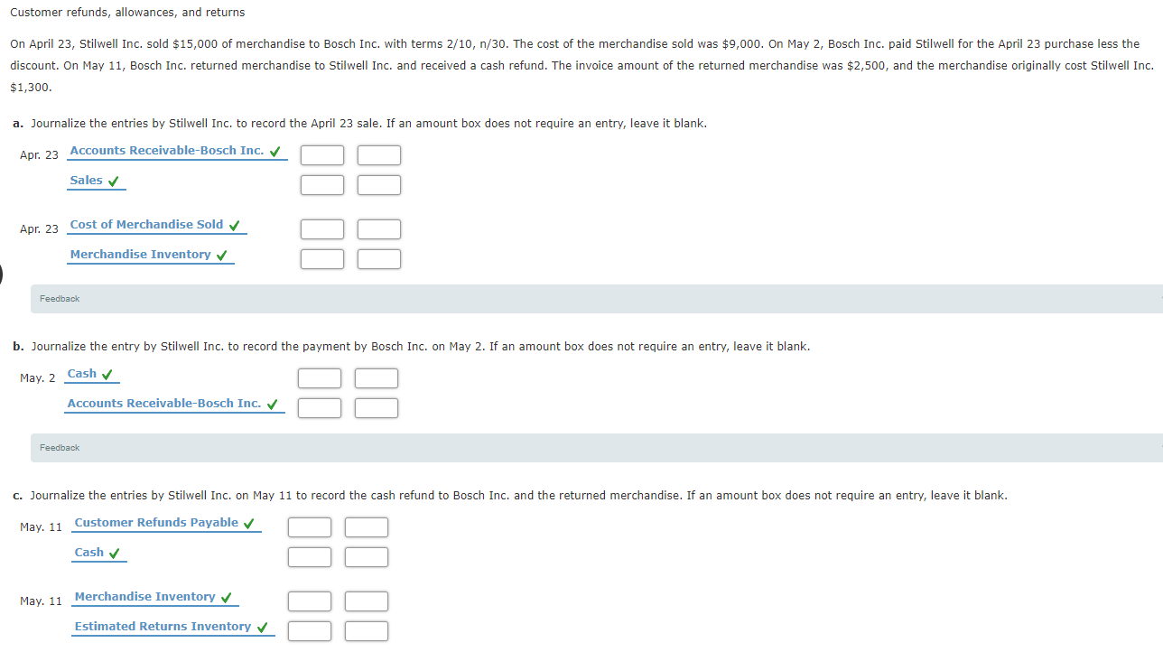 Solved Customer refunds, allowances, and returns On April