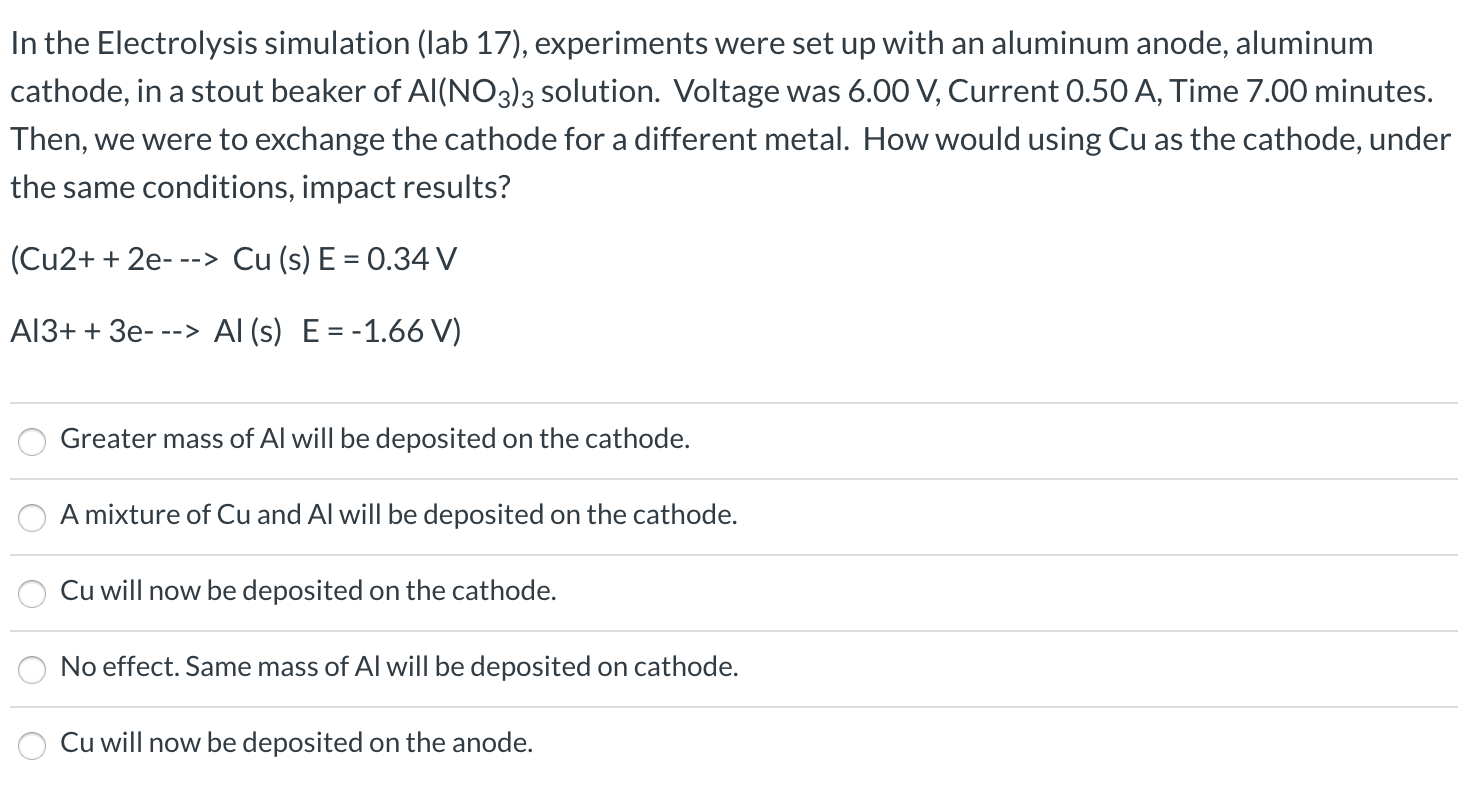 Solved In The Electrolysis Simulation (lab 17), Experiments | Chegg.com