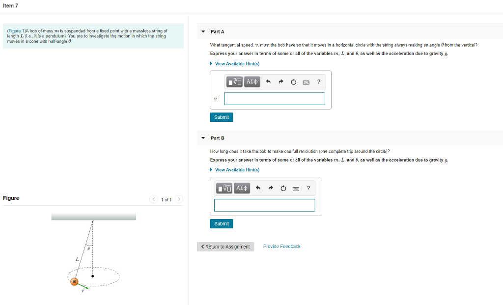 Solved Item 7 Figure 1)A bob of mass m is suspended from a | Chegg.com