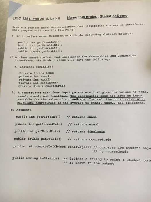 Solved CSC 1351 Fall 2018, Lab 4 Name this project | Chegg.com