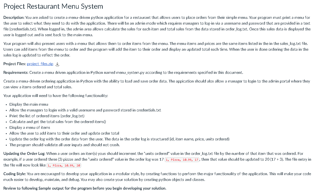 Solved Project Restaurant Menu System Description: You are | Chegg.com