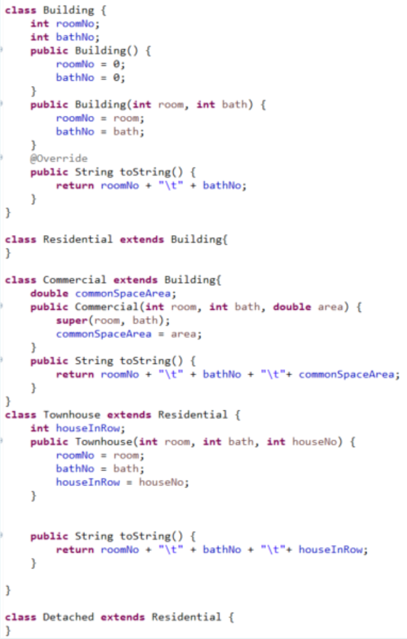 Solved class Building { int roomNo; int bathNo; public | Chegg.com