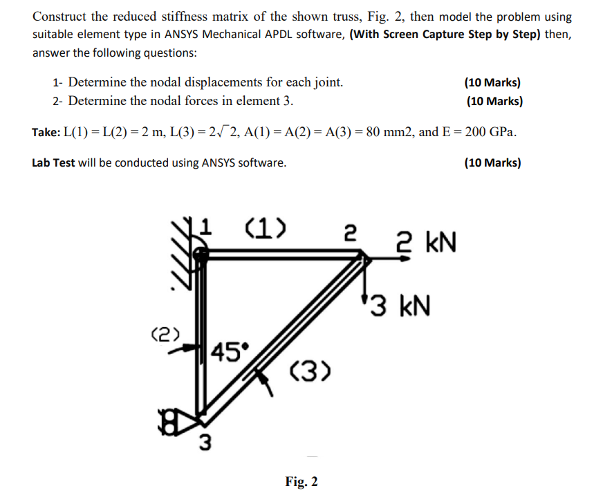 Construct the reduced stiffness matrix of the shown truss, Fig. 2, then model the problem using suitable element type in ANSY