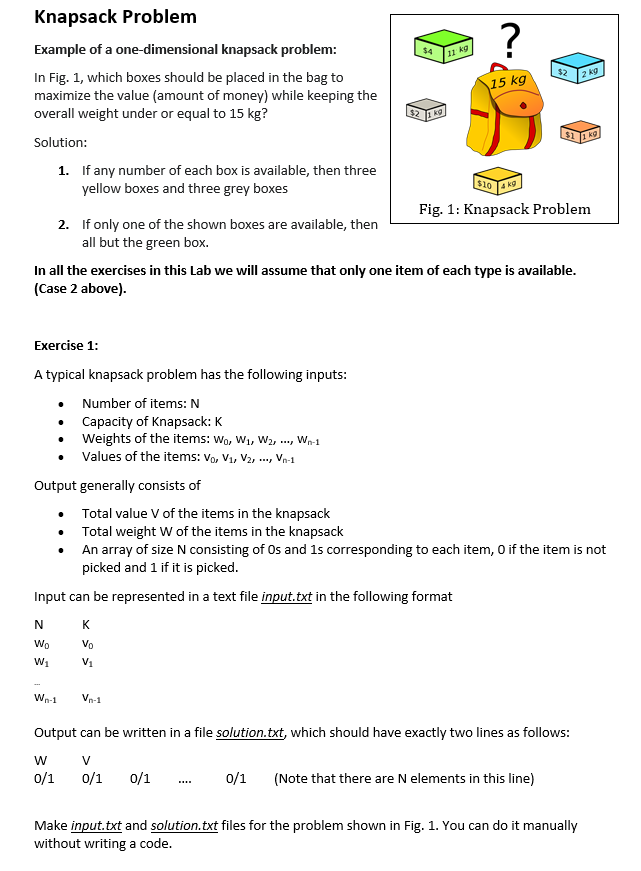 Solved Knapsack Problem Example of a one-dimensional | Chegg.com