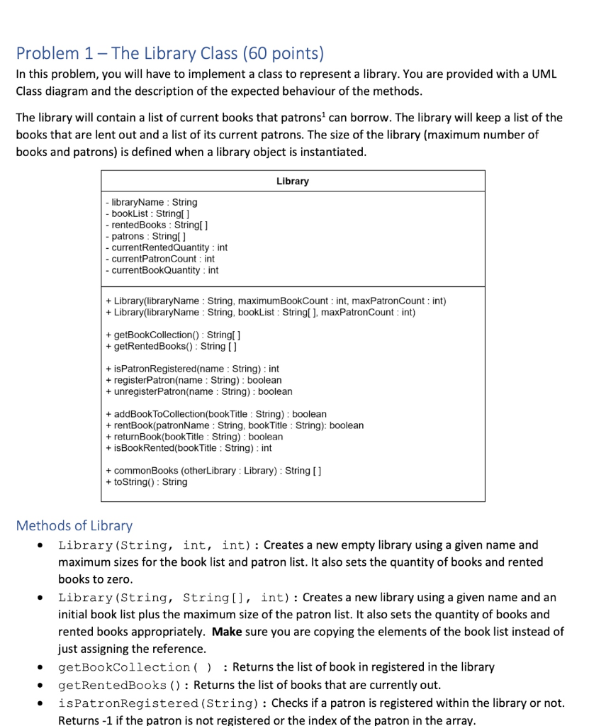 Solved Problem 1 - The Library Class (60 points) In this | Chegg.com