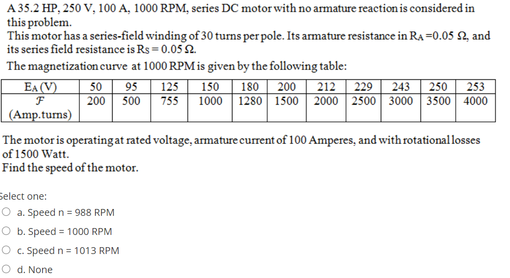 Solved A 35.2 HP, 250 V, 100 A, 1000 RPM, Series DC Motor | Chegg.com