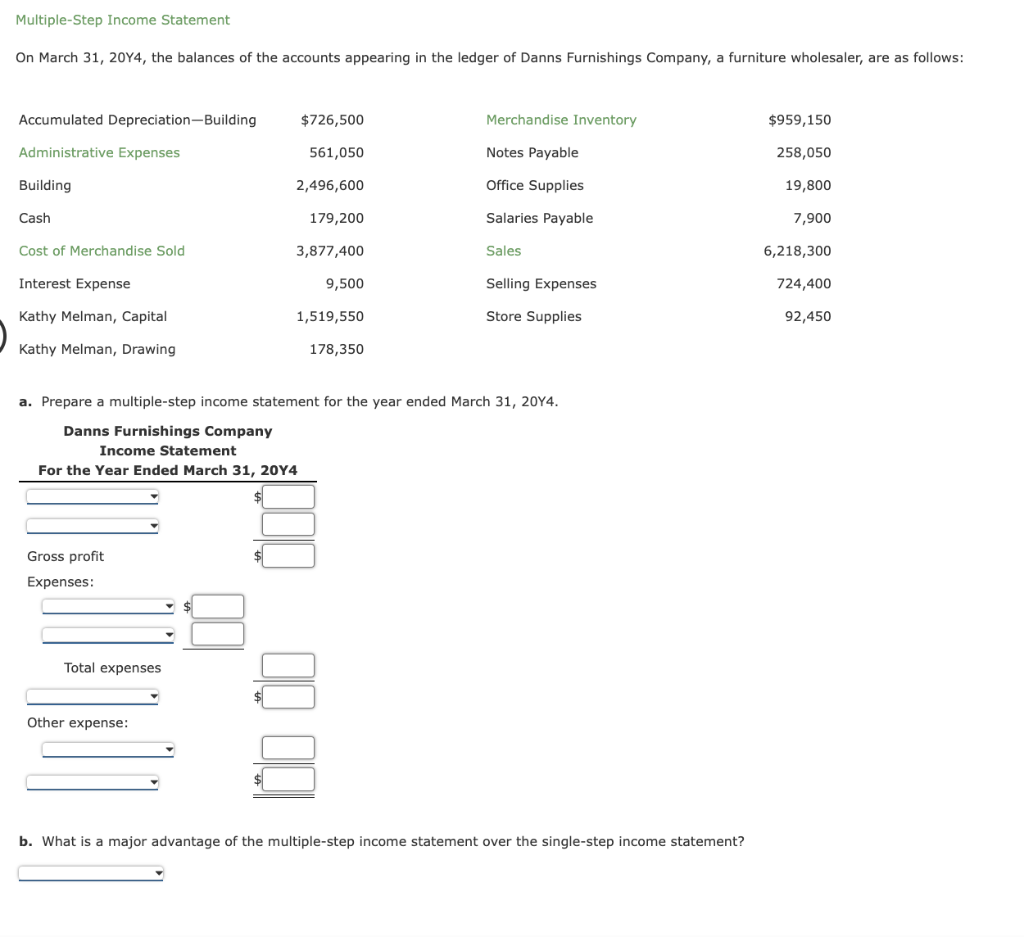 Solved Multiple-Step Income Statement On March 31, 20Y4, the | Chegg.com
