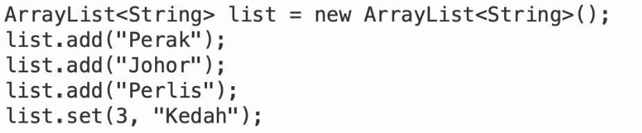 Solved ArrayList list = list.add(
