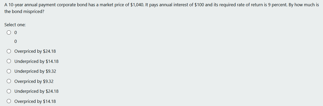 Solved A 10 year annual payment corporate bond has a market