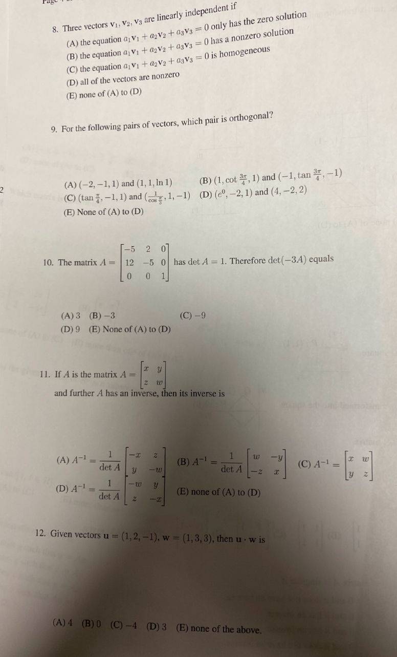 Solved 8. Three Vectors V1,v2,v3 Are Linearly Independent If 