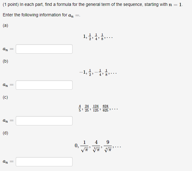 Solved (1 point) In each part, find a formula for the | Chegg.com