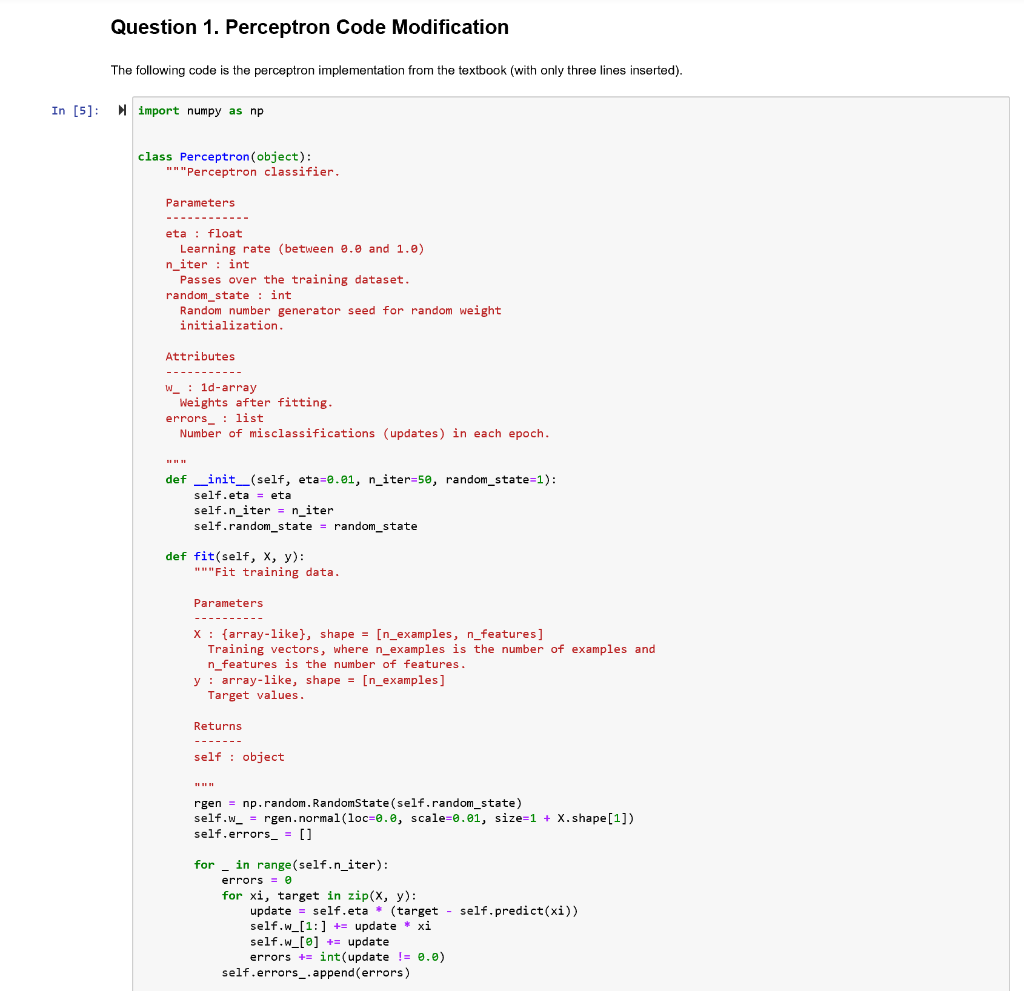 Question 1. Perceptron Code Modification The | Chegg.com