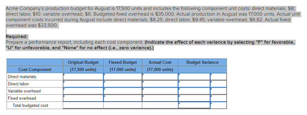 Solved Acme Company's production budget for August is 17,500 | Chegg.com