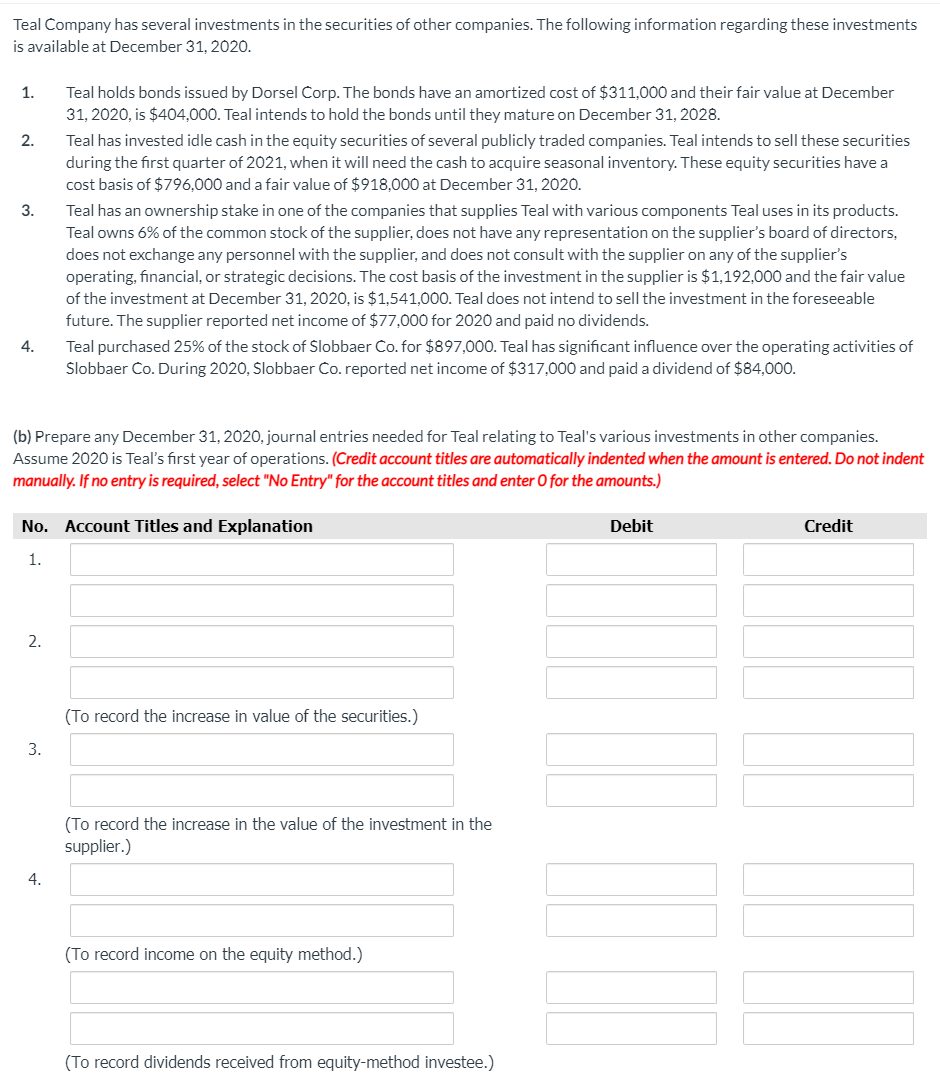 Solved Teal Company has several investments in the