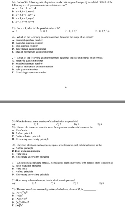 Solved 24) Fach of the following sets of quantum numbers is | Chegg.com