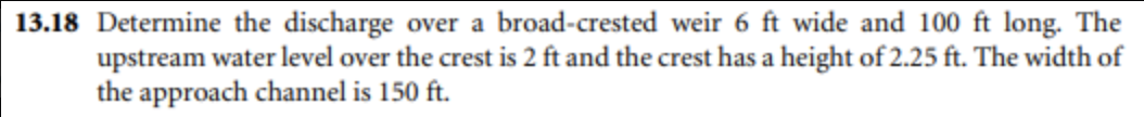 Solved 13.18 Determine the discharge over a broad-crested | Chegg.com