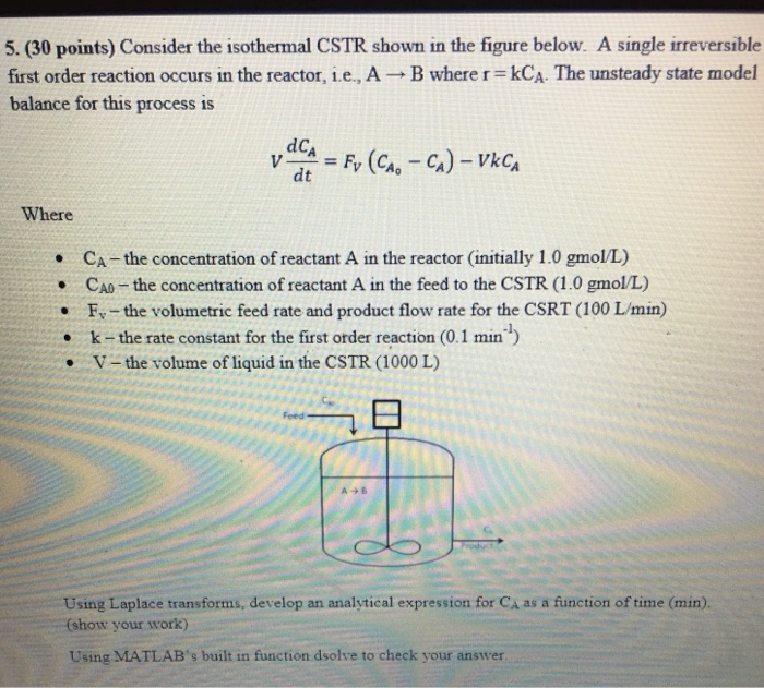 Solved 5. (30 Points) Consider The Isothermal CSTR Shown In | Chegg.com