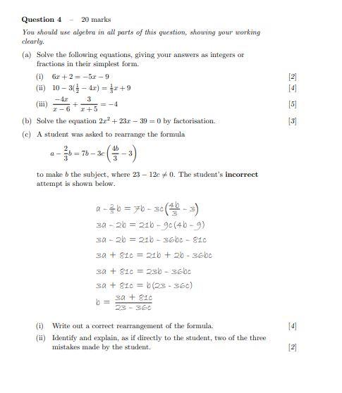 Solved Question 4 20 marks You should use algebra in all | Chegg.com