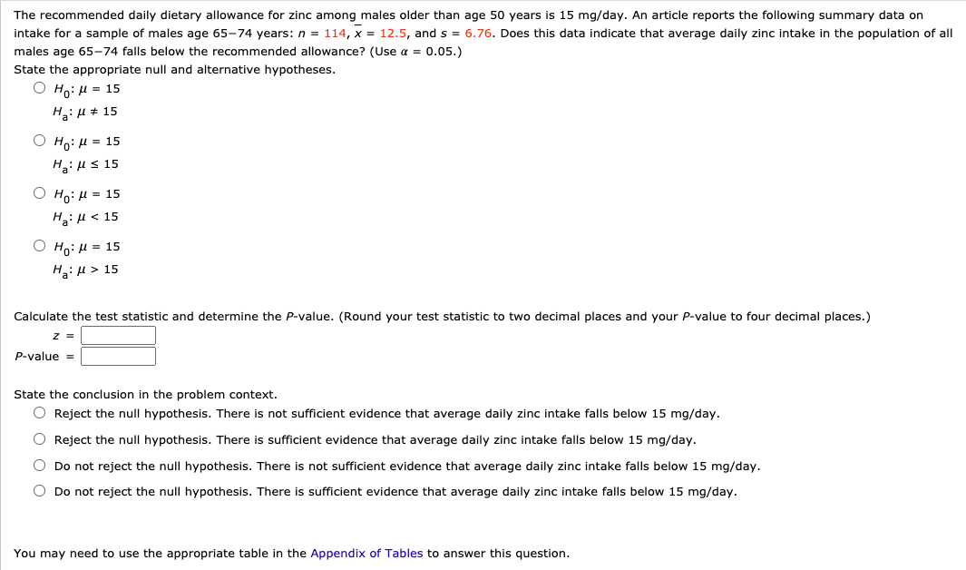 Solved The daily dietary allowance for zinc
