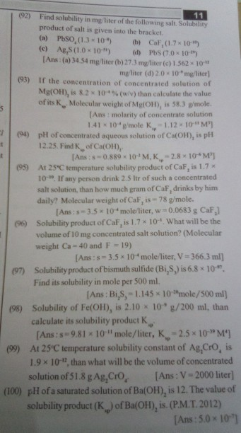 Solved (92) 11 Find solubility in mg liter of the following | Chegg.com