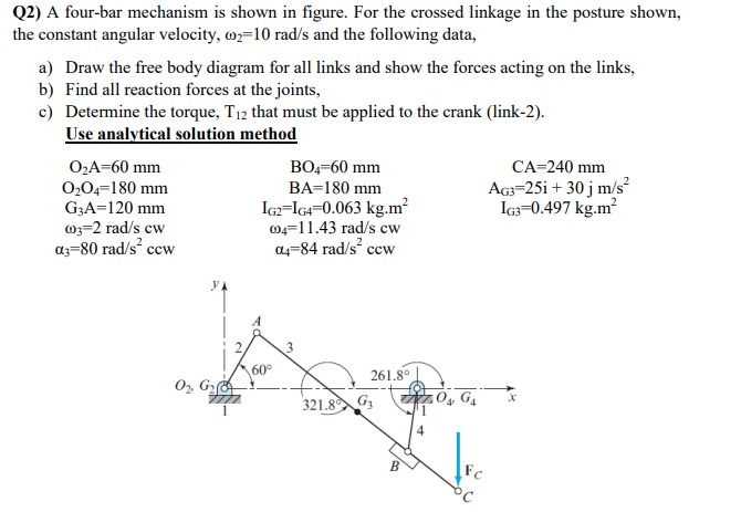 Solved Q2) A Four-bar Mechanism Is Shown In Figure. For The | Chegg.com