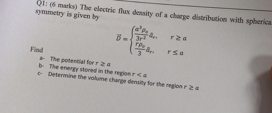 Solved Q1: (6 marks) The electric flux density of a charge | Chegg.com