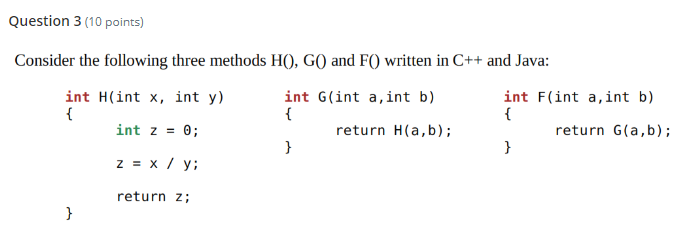 Solved Consider the following three methods H(),G() and F() | Chegg.com