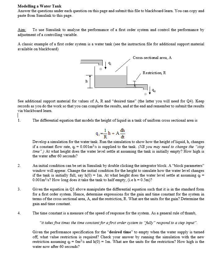 Modelling a Water Tank Answer the questions under | Chegg.com