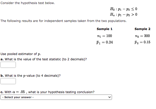 Solved Consider The Hypothesis Test Below. Ho : P1 – P2