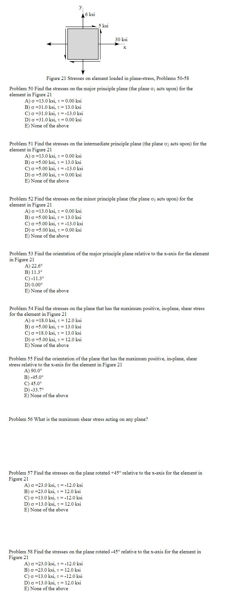 Solved У 6 Ksi 5 Ksi 30 Ksi X. Figure 21 Stresses On Element | Chegg.com