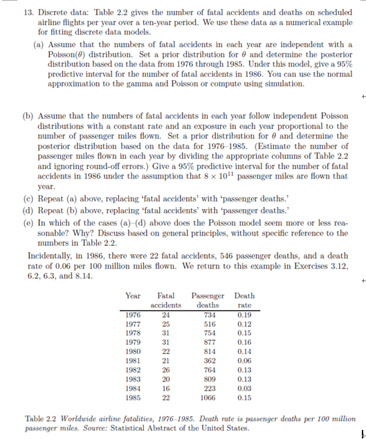 13. discrete data: table 2.2 gives the number of fatal accidents and deaths on scheduled airline flights per year over a ten-