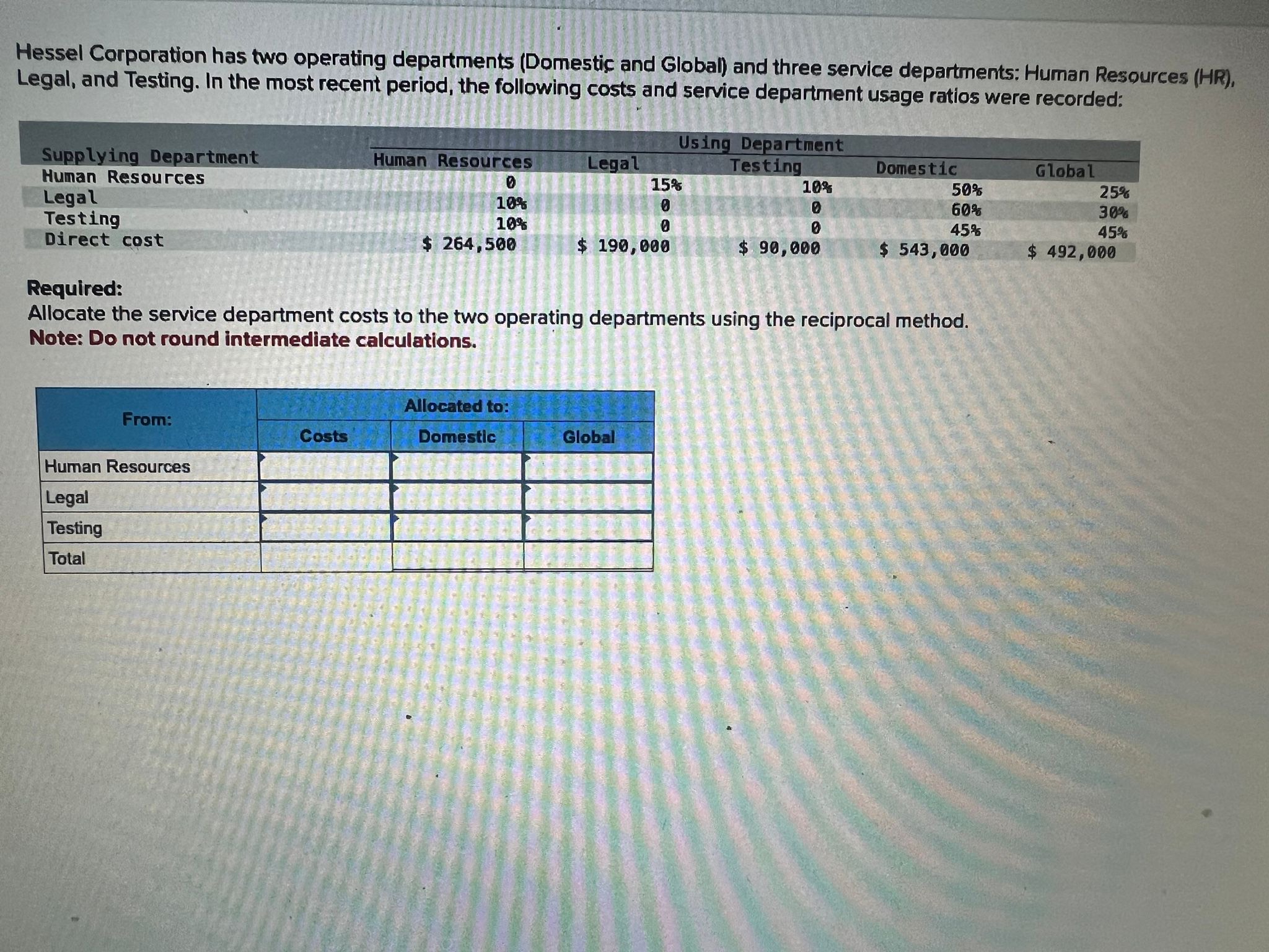 Solved Hessel Corporation has two operating departments