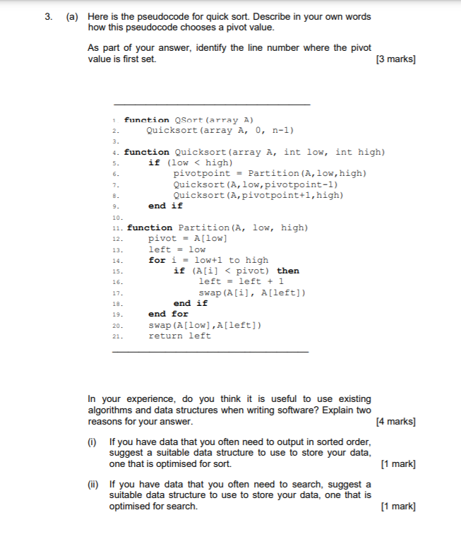 Solved 3. (a) Here is the pseudocode for quick sort. | Chegg.com