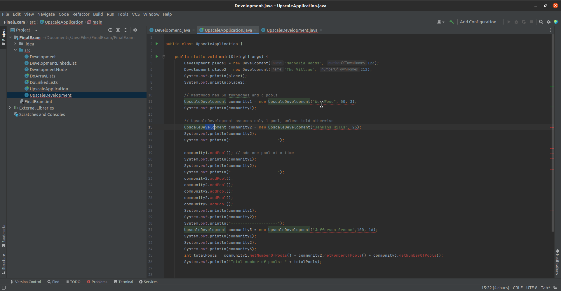 Solved 1) (20 points) Get the files Development.java, | Chegg.com