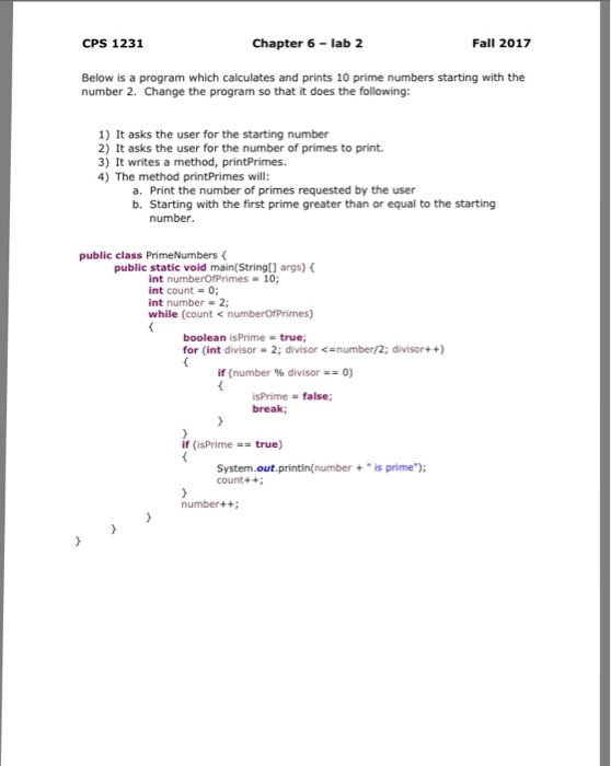 Solved CPS 1231 Chapter 6 lab 2 Fall 2017 Below is a program | Chegg.com