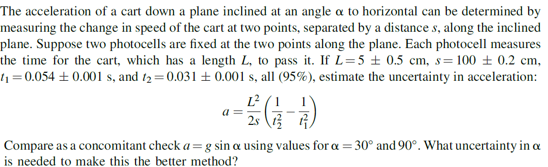 Solved The acceleration of a cart down a plane inclined at | Chegg.com